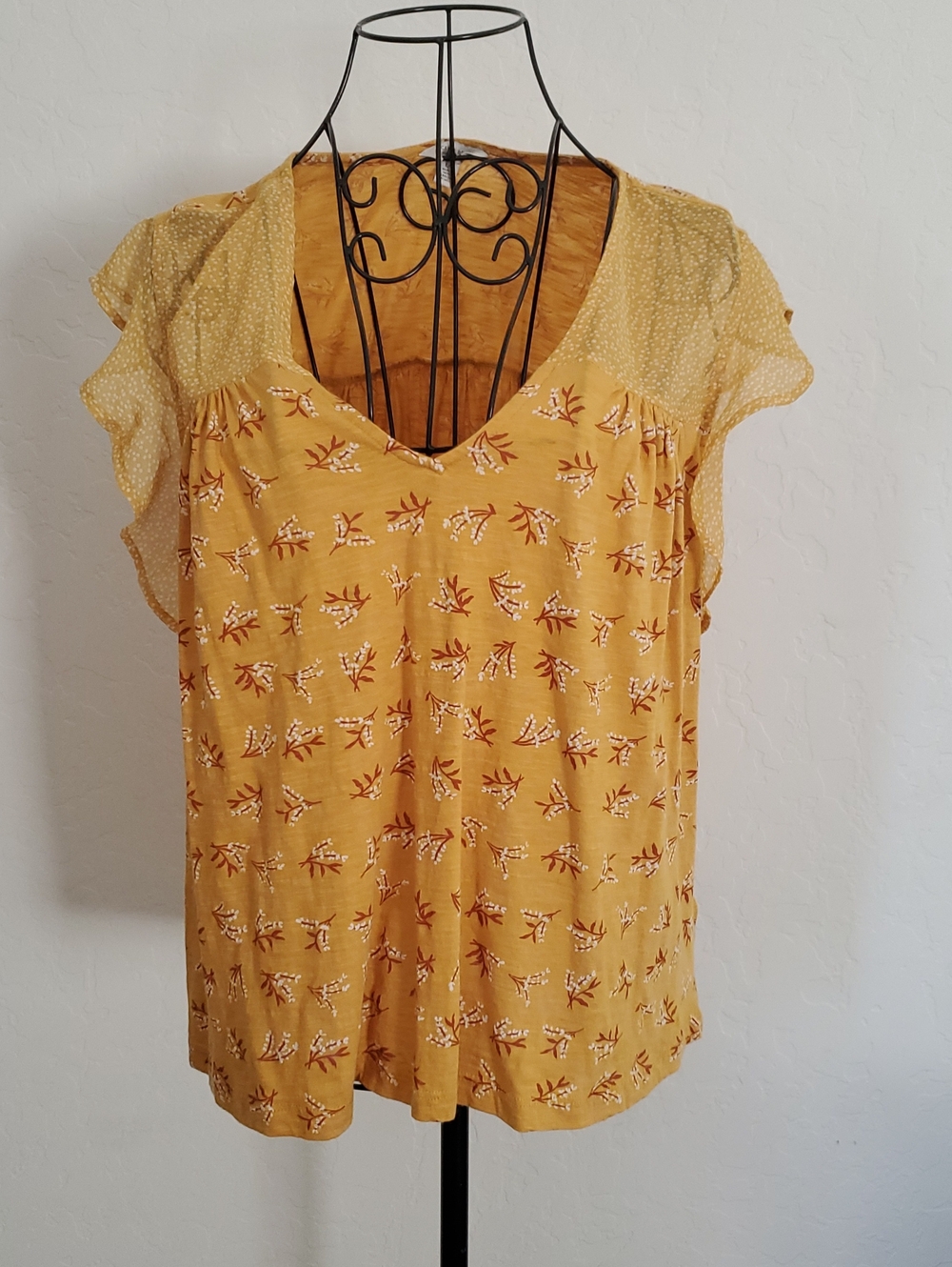 Lucky Brand Mustard Yellow Floral Flutter Sleeve Blouse